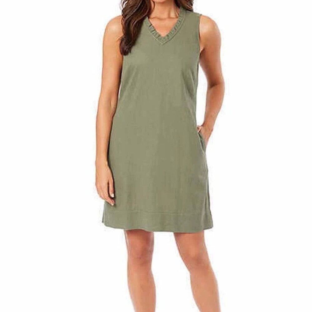 New Briggs Ruffle Trim V Neck Linen Blend Dress Sleeveless Pockets